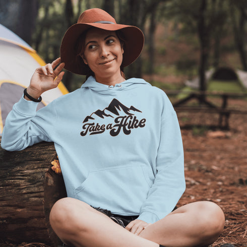 Introducing our rugged and stylish hiking hoodie, perfect for outdoor enthusiasts and nature lovers alike. Featuring a striking mountain graphic and the motivational slogan "Take A Hike", this sweater is designed to inspire your next camping adventure.