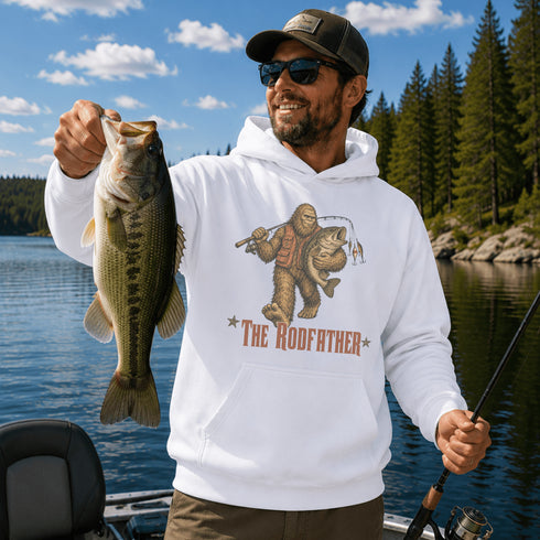 Person wearing a unisex hoodie featuring a vintage-inspired Bigfoot fishing graphic while holding a large fish on a boat surrounded by a scenic lake and forest. Suitable for fishing, camping, cabin, outdoor, and lifestyle product mockups.