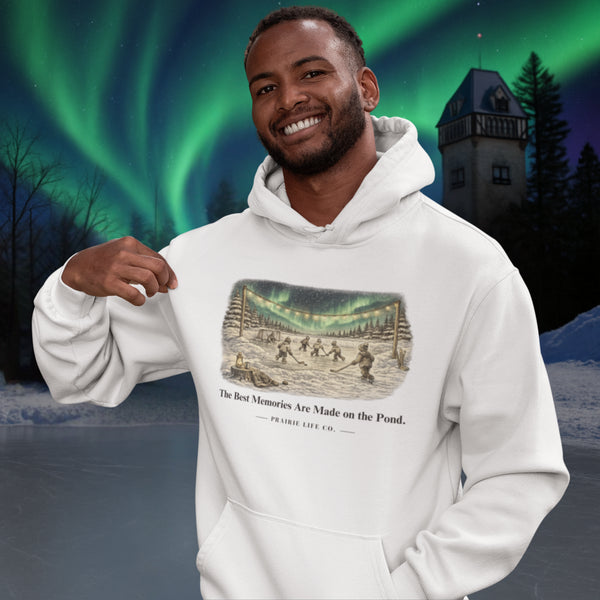The Best Memories Are Made on the Pond Hoodie – nostalgic pond hockey sweatshirt inspired by small town hockey, outdoor rinks, and Canadian winter traditions.