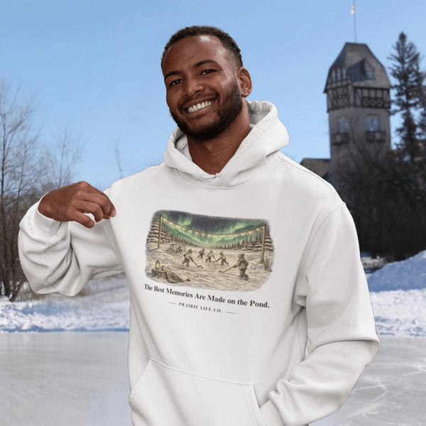 The Best Memories Are Made on the Pond Hoodie – nostalgic pond hockey sweatshirt inspired by small town hockey, outdoor rinks, and Canadian winter traditions.