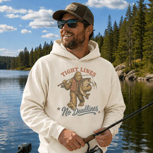 A man wearing a cream-colored hoodie with a graphic of Bigfoot fishing and the text 'TIGHT LINES No Deadlines' stands by a lake with trees in the background.