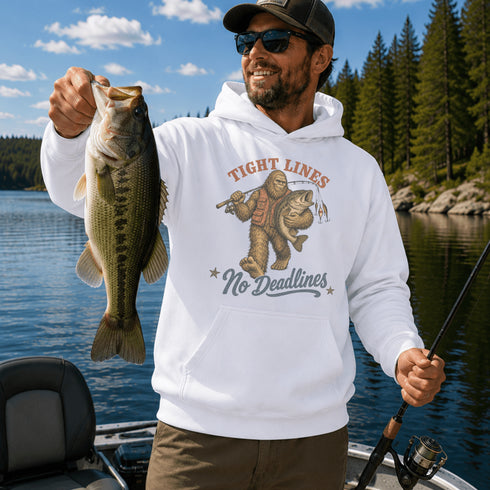 A man wearing a cream-colored hoodie with a graphic of Bigfoot fishing and the text 'TIGHT LINES No Deadlines' stands by a lake with trees in the background.