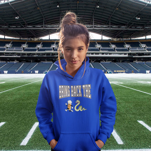 Introducing the "Bring Back The Beer Snake" Hoodie – the ultimate conversation starter (and possibly friendship saver) for every die-hard Winnipeg Bomber fan! This cozy, stylish hoodie features a hilarious graphic of a beer running away from a mischievous snake, perfectly capturing the epic saga of the legendary beer snake.