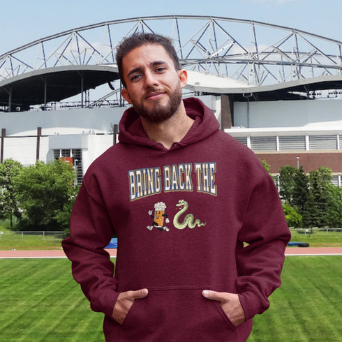 Introducing the "Bring Back The Beer Snake" Hoodie – the ultimate conversation starter (and possibly friendship saver) for every die-hard Winnipeg Bomber fan! This cozy, stylish hoodie features a hilarious graphic of a beer running away from a mischievous snake, perfectly capturing the epic saga of the legendary beer snake.