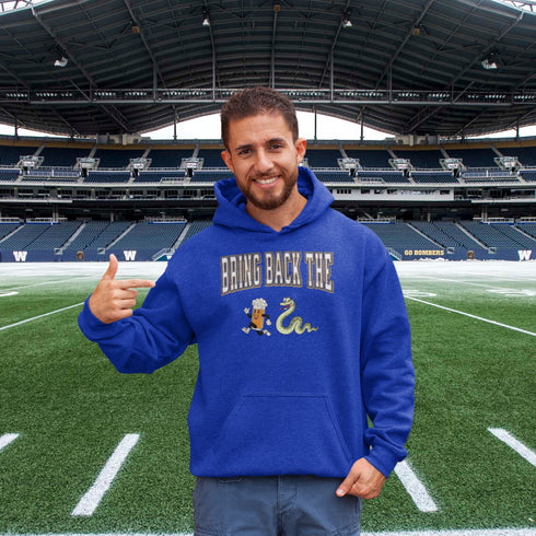 Introducing the "Bring Back The Beer Snake" Hoodie – the ultimate conversation starter (and possibly friendship saver) for every die-hard Winnipeg Bomber fan! This cozy, stylish hoodie features a hilarious graphic of a beer running away from a mischievous snake, perfectly capturing the epic saga of the legendary beer snake.