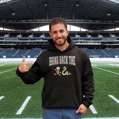 Introducing the "Bring Back The Beer Snake" Hoodie – the ultimate conversation starter (and possibly friendship saver) for every die-hard Winnipeg Bomber fan! This cozy, stylish hoodie features a hilarious graphic of a beer running away from a mischievous snake, perfectly capturing the epic saga of the legendary beer snake.