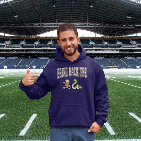 Introducing the "Bring Back The Beer Snake" Hoodie – the ultimate conversation starter (and possibly friendship saver) for every die-hard Winnipeg Bomber fan! This cozy, stylish hoodie features a hilarious graphic of a beer running away from a mischievous snake, perfectly capturing the epic saga of the legendary beer snake.
