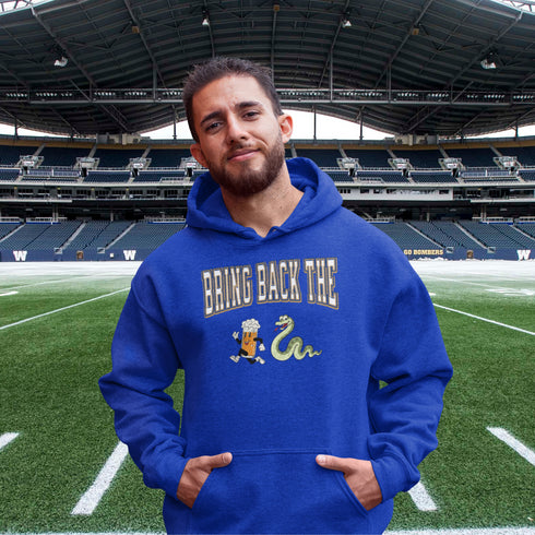 Introducing the "Bring Back The Beer Snake" Hoodie – the ultimate conversation starter (and possibly friendship saver) for every die-hard Winnipeg Bomber fan! This cozy, stylish hoodie features a hilarious graphic of a beer running away from a mischievous snake, perfectly capturing the epic saga of the legendary beer snake.
