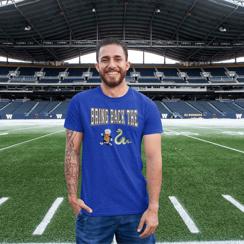 Introducing the "Bring Back The Beer Snake" T-shirt – the ultimate conversation starter (and possibly friendship saver) for every die-hard Winnipeg Bomber fan! This soft, stylish tee features a hilarious graphic of a beer running away from a mischievous snake, perfectly capturing the epic saga of the legendary beer snake.