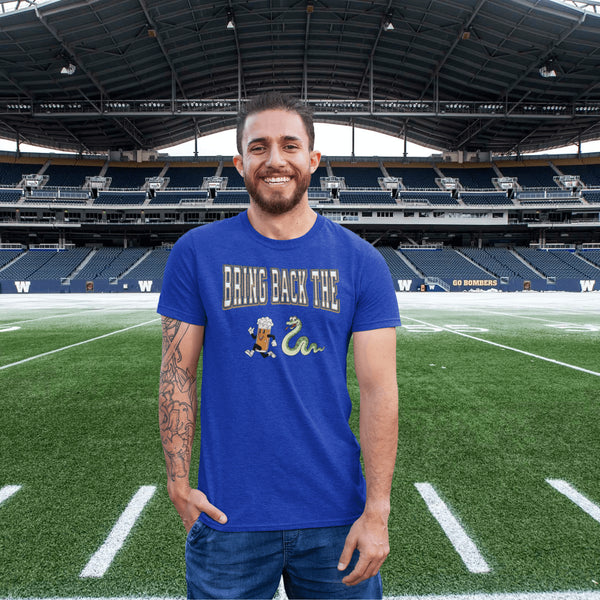 Introducing the "Bring Back The Beer Snake" T-shirt – the ultimate conversation starter (and possibly friendship saver) for every die-hard Winnipeg Bomber fan! This soft, stylish tee features a hilarious graphic of a beer running away from a mischievous snake, perfectly capturing the epic saga of the legendary beer snake.