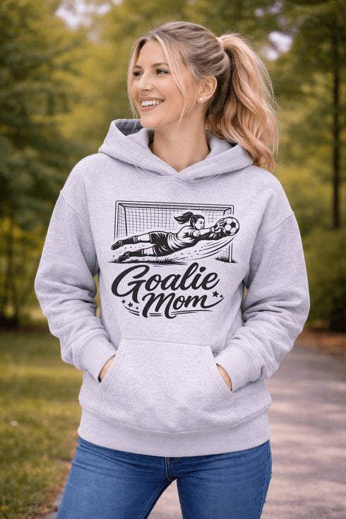 Woman wearing hoodie with goalie mom text and diving goalkeeper graphic