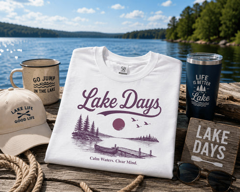 Lake-themed merchandise including a t-shirt, mug, hat, and sunglasses on a dock with a lake background.