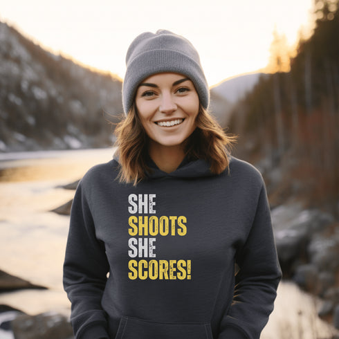 C & Win Sports She Shoots She Scores Hoodie Dark Heather / S - C & Win Sports