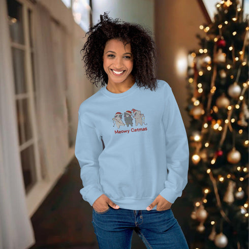 C & Win Sports Meowy Catmas Embroidered Sweatshirt Light Blue / S - C & Win Sports