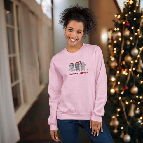 C & Win Sports Meowy Catmas Embroidered Sweatshirt Light Pink / S - C & Win Sports