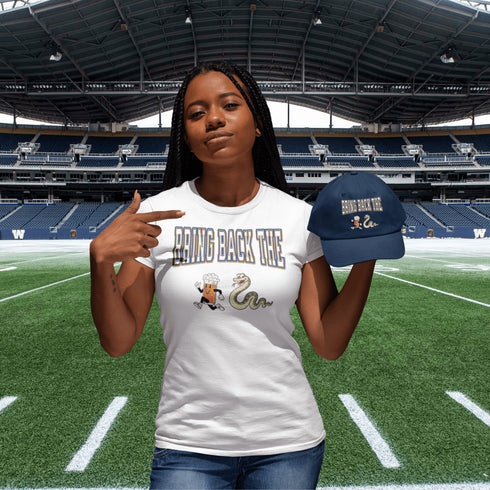 Introducing the "Bring Back The Beer Snake" T-shirt – the ultimate conversation starter (and possibly friendship saver) for every die-hard Winnipeg Bomber fan! This soft, stylish tee features a hilarious graphic of a beer running away from a mischievous snake, perfectly capturing the epic saga of the legendary beer snake.