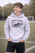 youth wearing grey hoodie with “Fear The Goalie” soccer goalkeeper design featuring diving goalie making a save