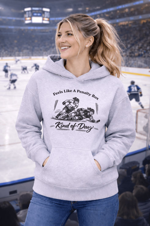 feels like a penalty box kind of day hockey hoodie with players crashing into boards vintage style design
