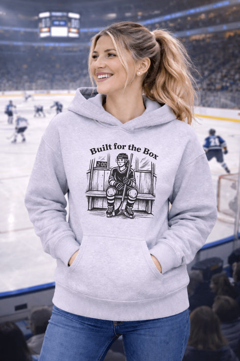built for the box hockey hoodie with player sitting in penalty box vintage style design