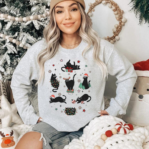 C & Win Sports Christmas Cat Sweatshirt S / Ash - C & Win Sports