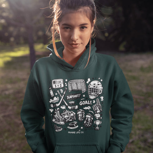 Celebrate your love of the game with this Vintage Hockey Doodle Hoodie featuring hockey sticks, skates, gloves, helmet, goal net and puck graphics. A cozy hoodie for hockey lovers, players, and hockey moms.