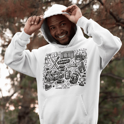 Celebrate your love of the game with this Vintage Hockey Doodle Hoodie featuring hockey sticks, skates, gloves, helmet, goal net and puck graphics. A cozy hoodie for hockey lovers, players, and hockey moms.