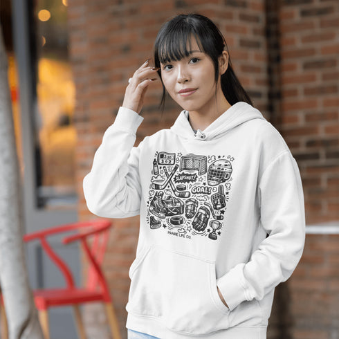 Celebrate your love of the game with this Vintage Hockey Doodle Hoodie featuring hockey sticks, skates, gloves, helmet, goal net and puck graphics. A cozy hoodie for hockey lovers, players, and hockey moms.