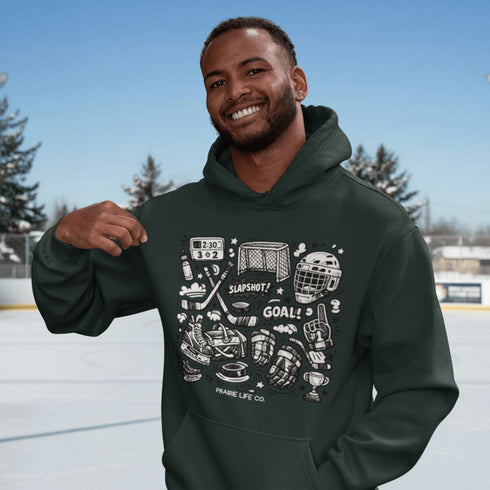 Celebrate your love of the game with this Vintage Hockey Doodle Hoodie featuring hockey sticks, skates, gloves, helmet, goal net and puck graphics. A cozy hoodie for hockey lovers, players, and hockey moms.