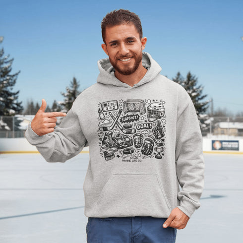 Celebrate your love of the game with this Vintage Hockey Doodle Hoodie featuring hockey sticks, skates, gloves, helmet, goal net and puck graphics. A cozy hoodie for hockey lovers, players, and hockey moms.