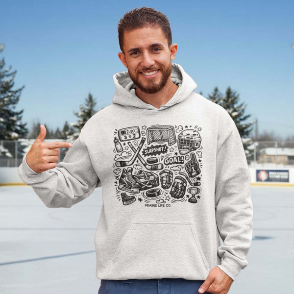 Celebrate your love of the game with this Vintage Hockey Doodle Hoodie featuring hockey sticks, skates, gloves, helmet, goal net and puck graphics. A cozy hoodie for hockey lovers, players, and hockey moms.