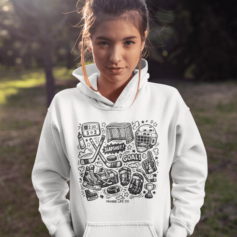 Celebrate your love of the game with this Vintage Hockey Doodle Hoodie featuring hockey sticks, skates, gloves, helmet, goal net and puck graphics. A cozy hoodie for hockey lovers, players, and hockey moms.