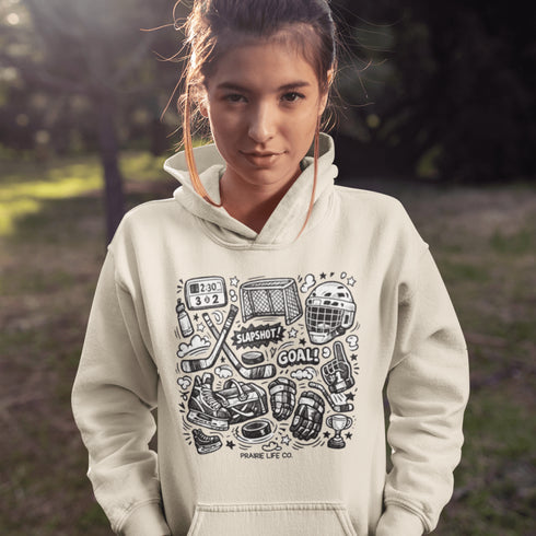 Celebrate your love of the game with this Vintage Hockey Doodle Hoodie featuring hockey sticks, skates, gloves, helmet, goal net and puck graphics. A cozy hoodie for hockey lovers, players, and hockey moms.