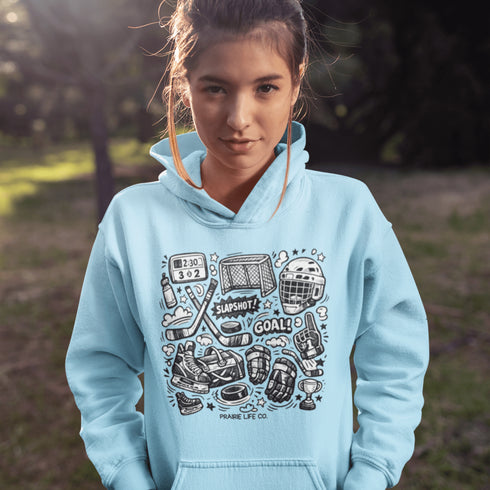 Celebrate your love of the game with this Vintage Hockey Doodle Hoodie featuring hockey sticks, skates, gloves, helmet, goal net and puck graphics. A cozy hoodie for hockey lovers, players, and hockey moms.