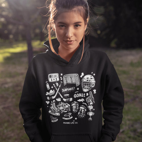 Celebrate your love of the game with this Vintage Hockey Doodle Hoodie featuring hockey sticks, skates, gloves, helmet, goal net and puck graphics. A cozy hoodie for hockey lovers, players, and hockey moms.