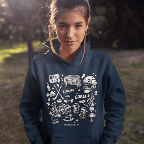 Celebrate your love of the game with this Vintage Hockey Doodle Hoodie featuring hockey sticks, skates, gloves, helmet, goal net and puck graphics. A cozy hoodie for hockey lovers, players, and hockey moms.