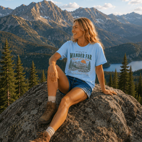 Woman wearing Wander Far Take the Scenic Route mountain hiking graphic t-shirt featuring vintage mountain landscape artwork with pine trees and sunset background.