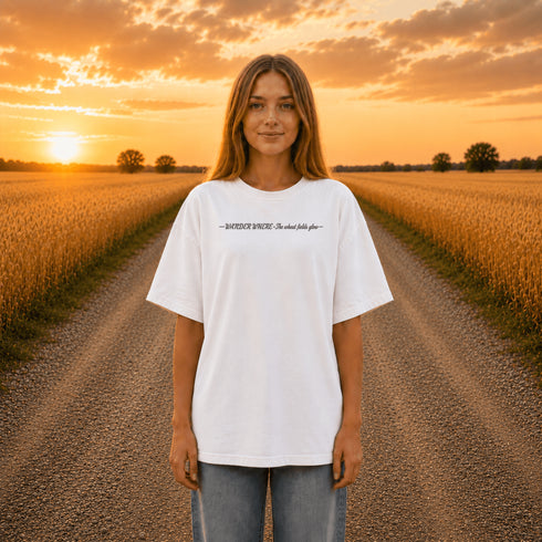 Woman wearing a white Comfort Colors t-shirt featuring a vintage prairie road and wheat field sunset graphic on the back while standing on a gravel road surrounded by golden wheat fields at sunset.