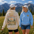Vintage mountain and wildflower graphic hoodie featuring a matching left chest design and oversized back print on a unisex Gildan 18500 Heavy Blend hoodie available in multiple colors. Perfect for hiking, camping, outdoor adventures, and everyday wear.