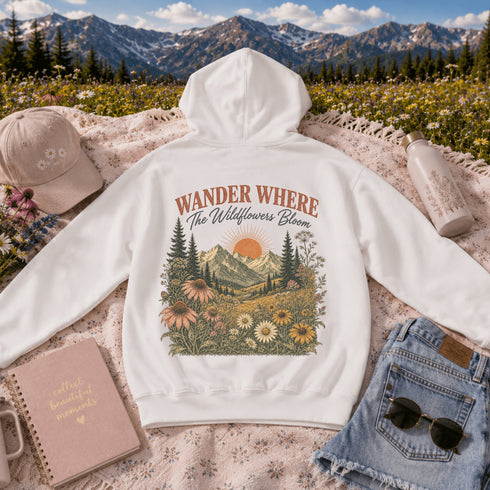 Vintage mountain and wildflower graphic hoodie featuring a matching left chest design and oversized back print on a unisex Gildan 18500 Heavy Blend hoodie available in multiple colors. Perfect for hiking, camping, outdoor adventures, and everyday wear.