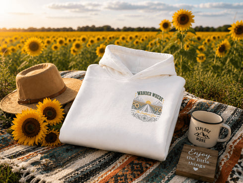 A folded white hoodie with a 'Wander Where Explore More' graphic is displayed on a colorful blanket in a sunflower field, styled with a straw hat, sunflowers, and a mug.