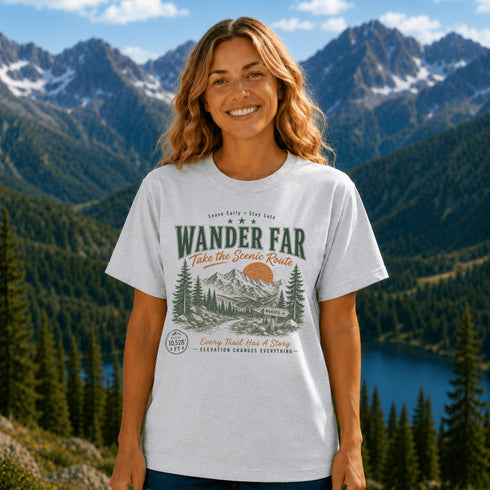 Woman wearing Wander Far Take the Scenic Route mountain hiking graphic t-shirt featuring vintage mountain landscape artwork with pine trees and sunset background.
