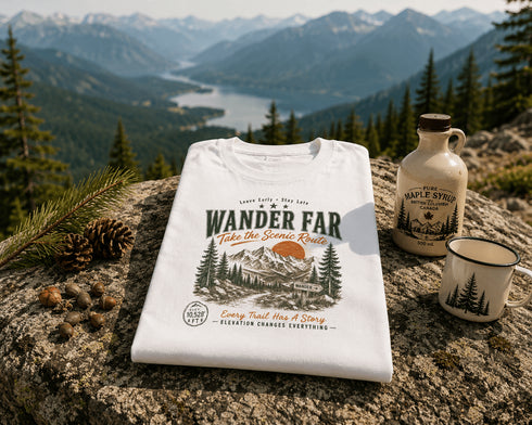White t-shirt with nature-themed design on a rock with scenic mountains and lake in the background