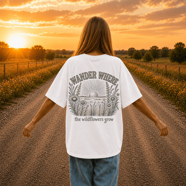 Woman wearing a Comfort Colors 1717 t-shirt featuring a Wander Where the Wildflowers Grow prairie sunset and wildflower field back graphic while standing on a gravel road at sunset.