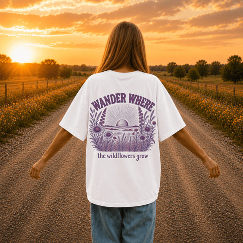 Woman wearing a Comfort Colors 1717 t-shirt featuring a Wander Where the Wildflowers Grow prairie sunset and wildflower field back graphic while standing on a gravel road at sunset.