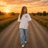 Woman wearing a Comfort Colors 1717 t-shirt featuring a Wander Where the Wildflowers Grow prairie sunset and wildflower field back graphic while standing on a gravel road at sunset.