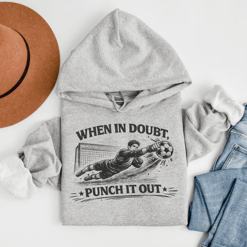 grey hoodie with “When In Doubt Punch It Out” soccer goalie design featuring diving goalkeeper making a save