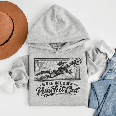 “When In Doubt Punch It Out” soccer goalie design featuring diving goalkeeper making a save in front of net