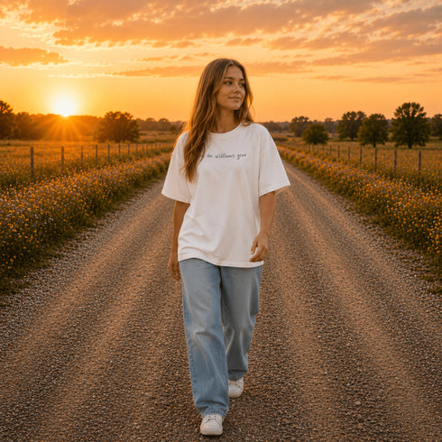 Woman wearing a white Comfort Colors 1717 t-shirt featuring a Prairie Roads Where the Wildflowers Grow prairie sunset wildflower back graphic on a gravel road at sunset.