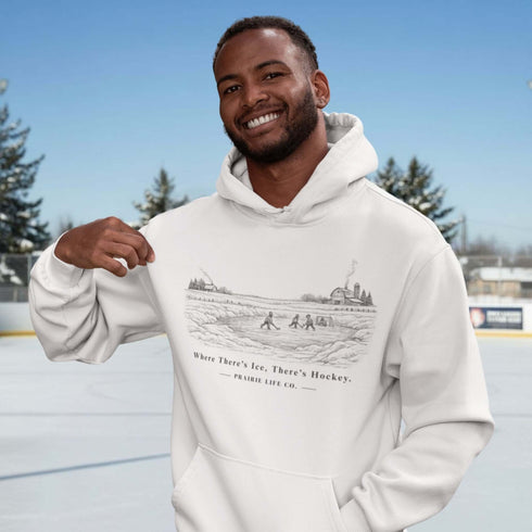 Celebrate the magic of winter with our Winter Pond Hockey Hoodie. Featuring kids playing hockey on a frozen pond, a rustic barn, snowy trees – perfect for hockey moms, fans, and winter lovers.