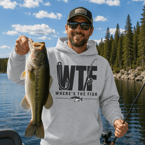 Unisex heavy blend hoodie featuring a humorous fishing graphic with hook and rod artwork displayed in a variety of outdoor lifestyle mockups and fishing-themed settings.